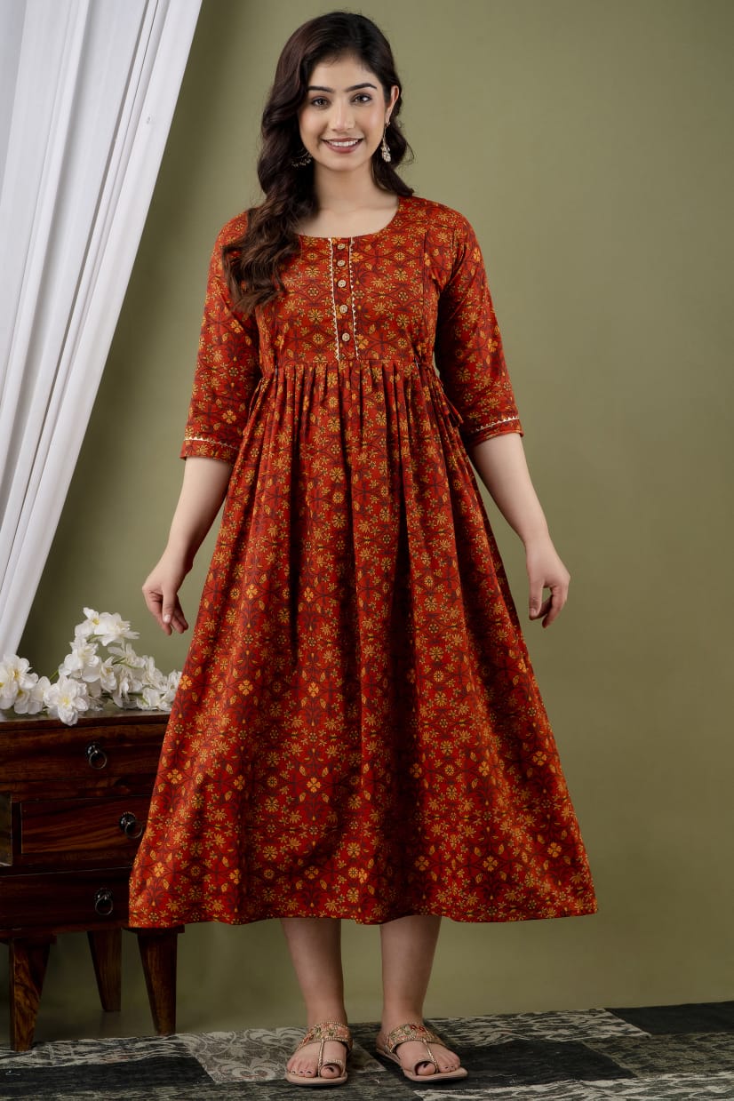 Red Hibiscus Cotton printed maternity and feeding kurti