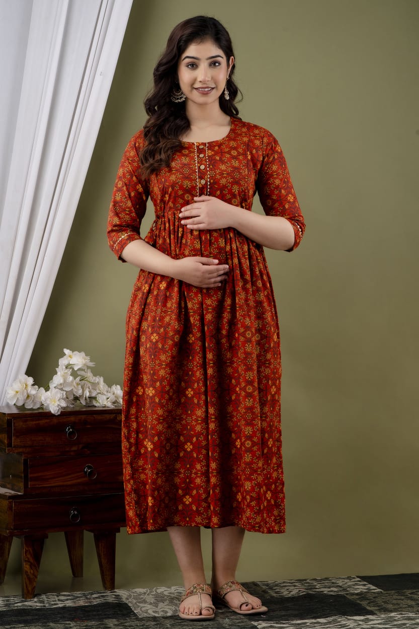 Red Hibiscus Cotton printed maternity and feeding kurti