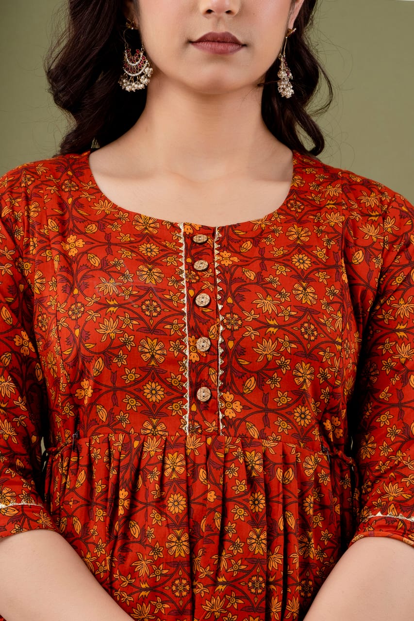 Red Hibiscus Cotton printed maternity and feeding kurti