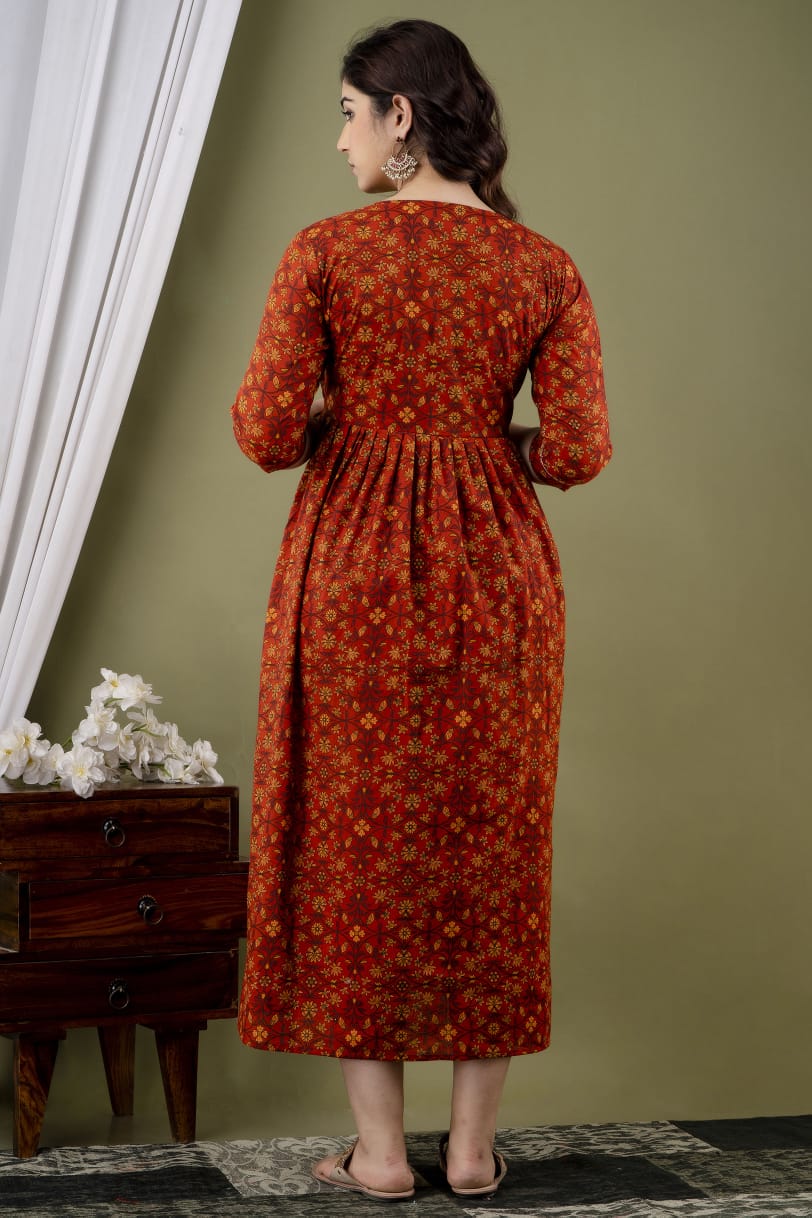 Red Hibiscus Cotton printed maternity and feeding kurti