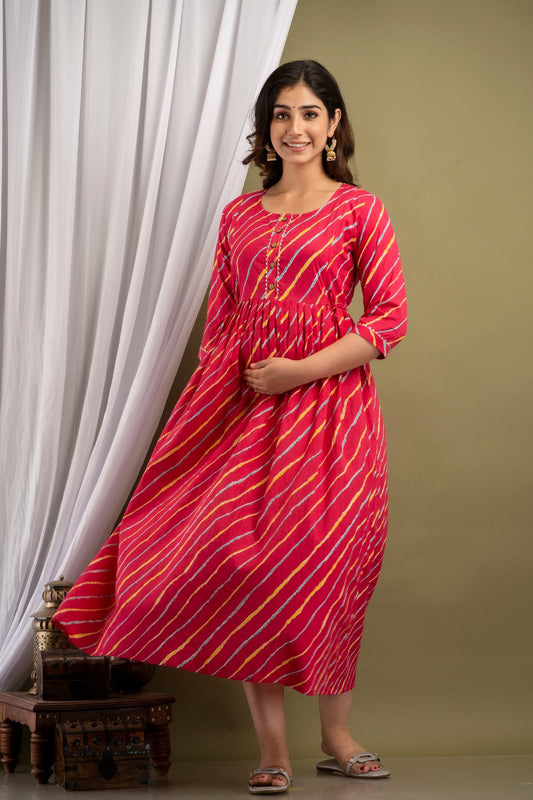 Pink lahriya Cotton  printed maternity and feeding kurti