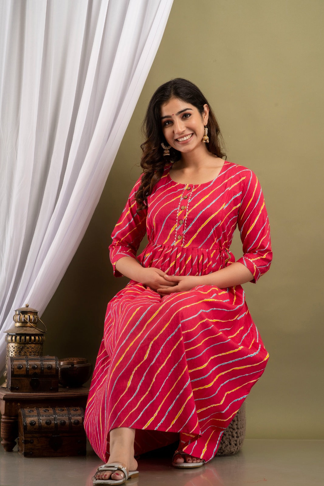 Pink lahriya Cotton  printed maternity and feeding kurti