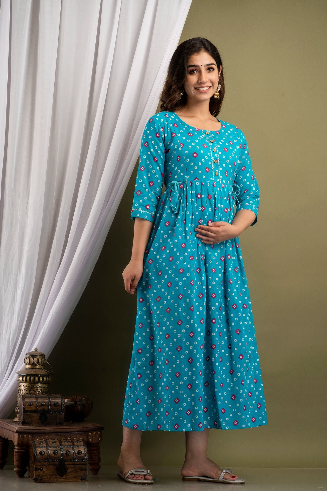 Blue red doted Cotton printed maternity and feeding kurti