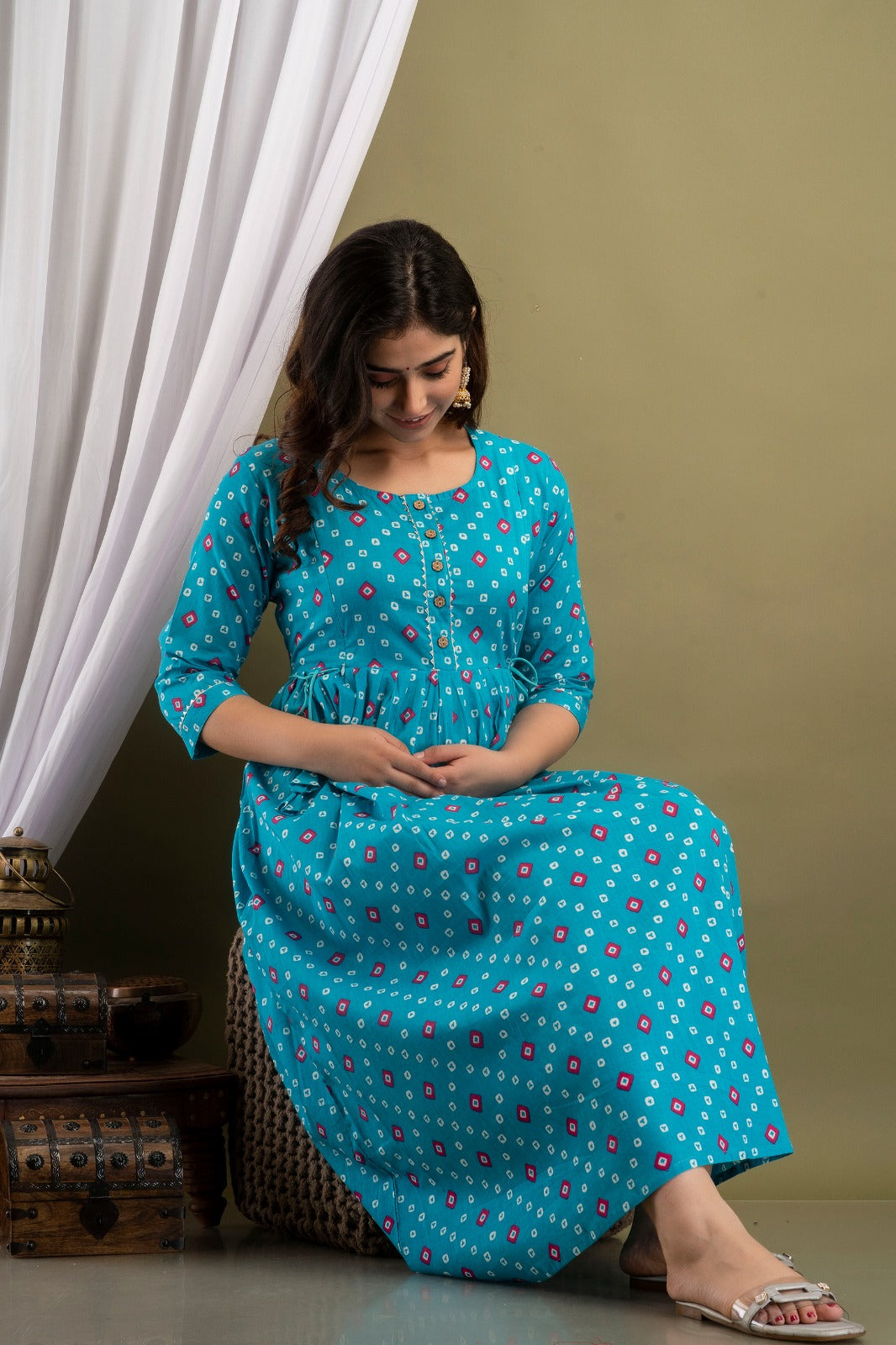 Blue red doted Cotton printed maternity and feeding kurti
