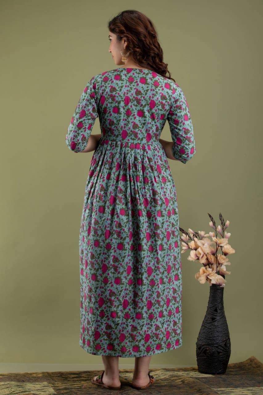 Grey pink flower Cotton maternity and feeding kurti