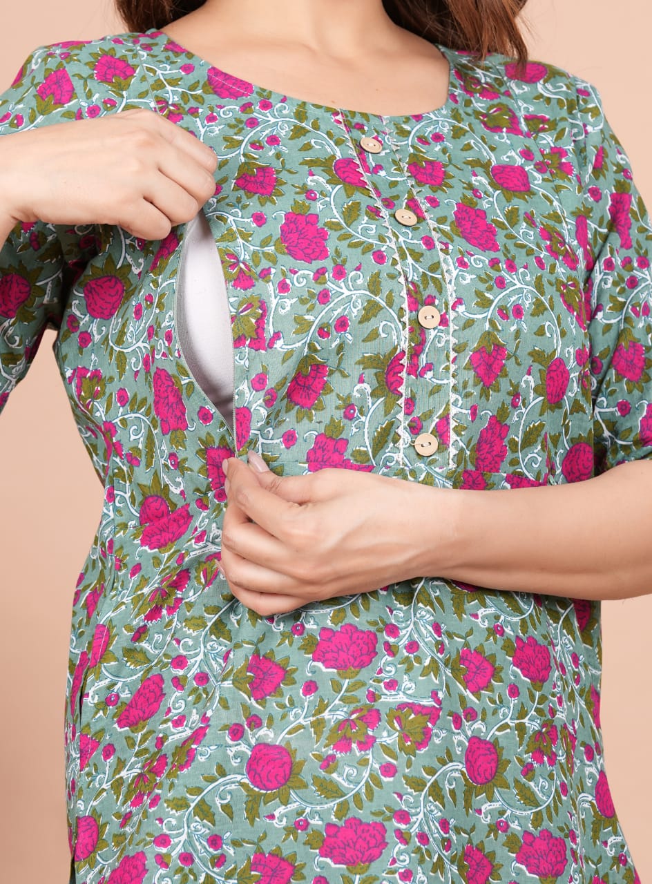 Grey pink flower Cotton maternity and feeding kurti