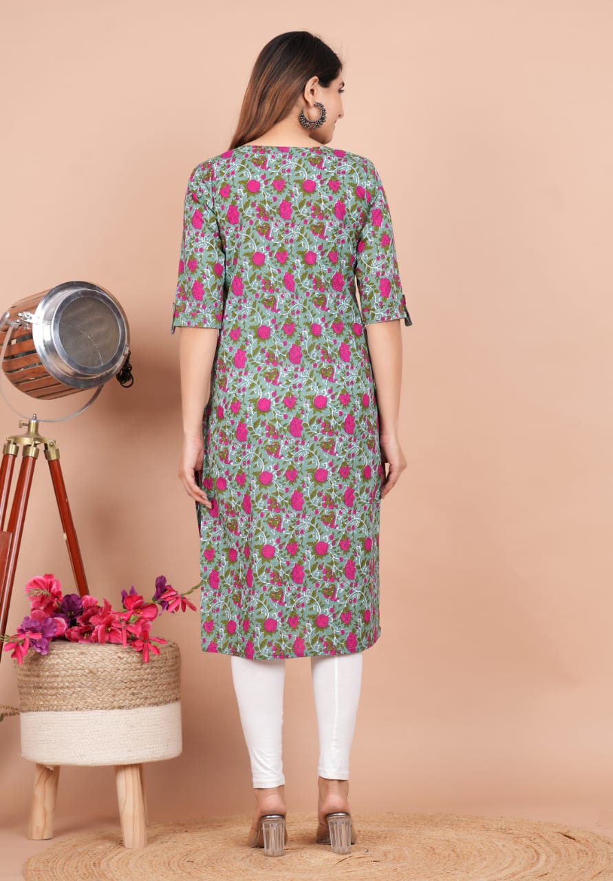 Grey pink flower Cotton maternity and feeding kurti