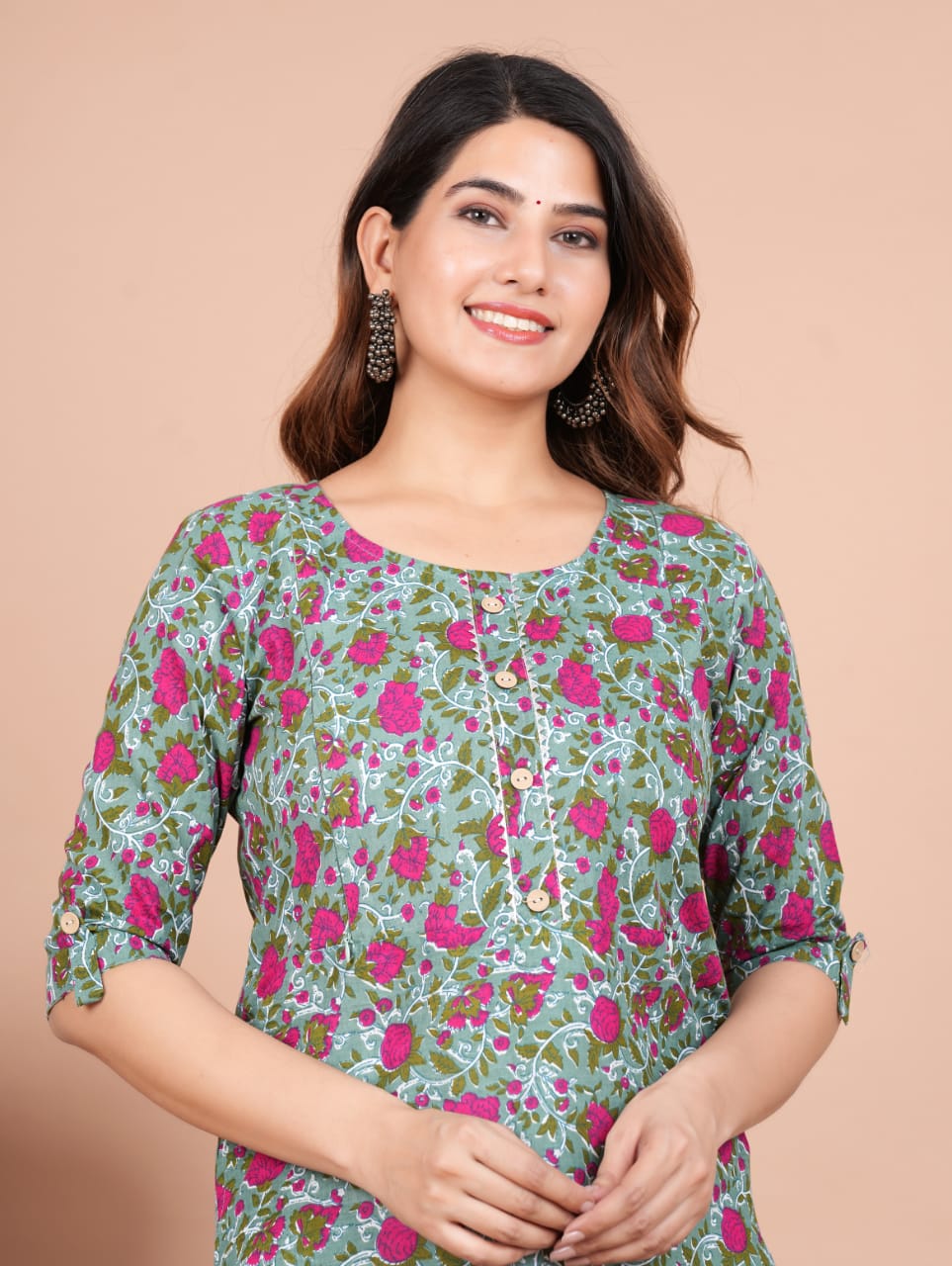 Grey pink flower Cotton maternity and feeding kurti