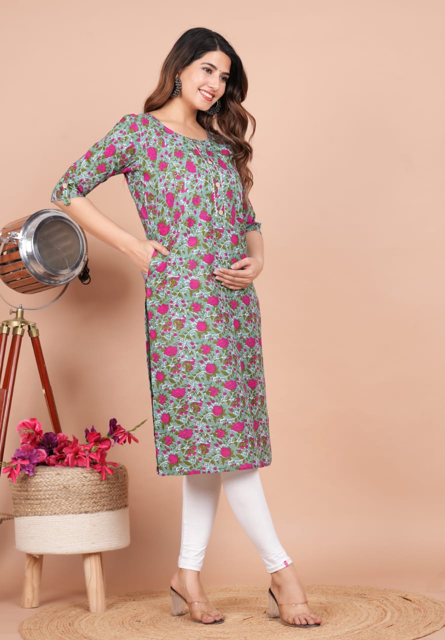 Grey pink flower Cotton maternity and feeding kurti