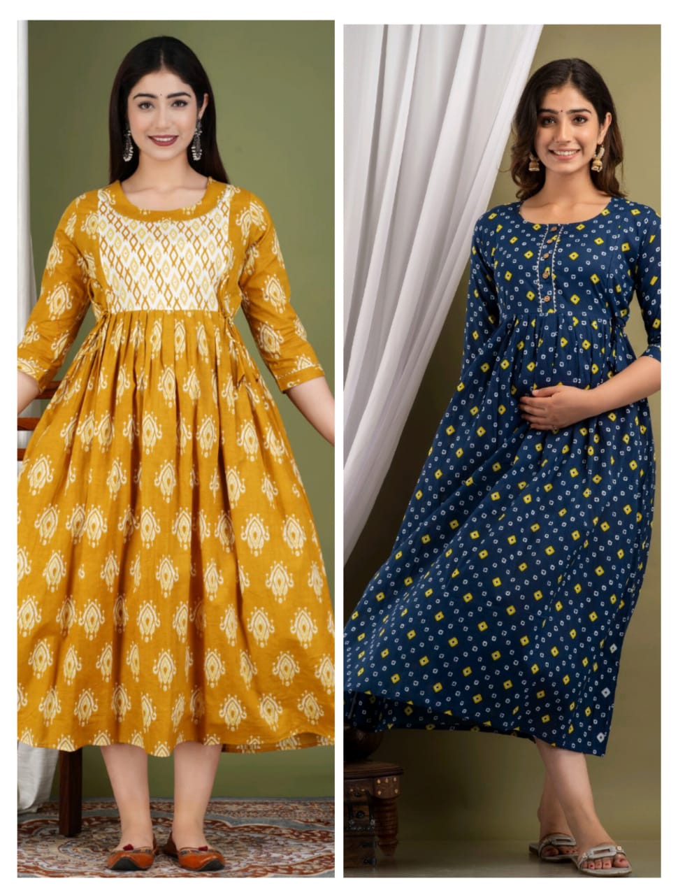 Doted  Cotton Printed Maternity And Feeding Kurti Combo Of 2