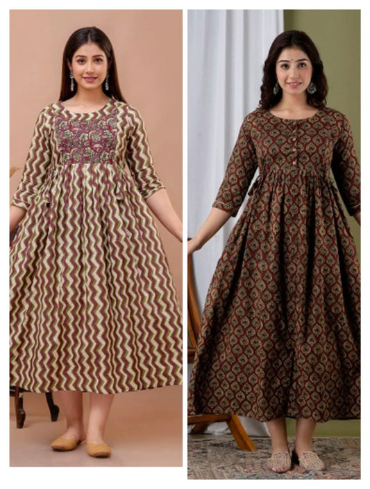 Brown floral   Cotton Printed Maternity And Feeding Kurti Combo Of 2