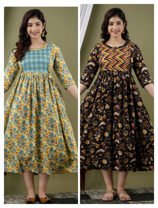 Brown blossom  Cotton Printed Maternity And Feeding Kurti Combo Of 2