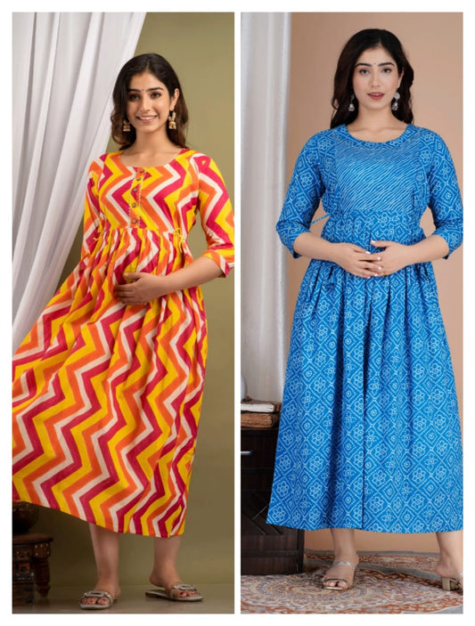 Lahriya bhandaz  Cotton Printed Maternity And Feeding Kurti Combo Of 2