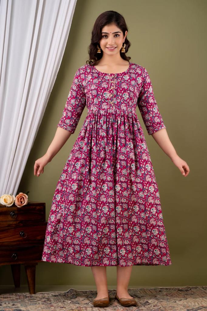 Baby pink Cotton printed maternity and feeding kurti - Nevisha Style