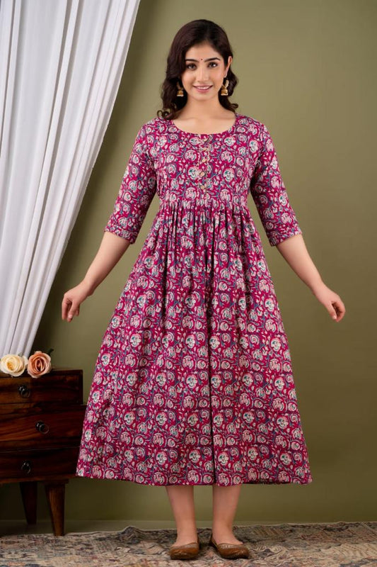 Baby pink Cotton printed maternity and feeding kurti - Nevisha Style