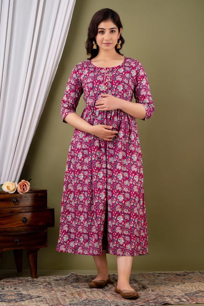 Baby pink Cotton printed maternity and feeding kurti - Nevisha Style