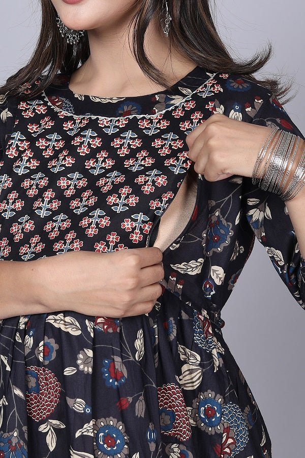 Black ful patti Cotton maternity and feeding kurti - Nevisha Style