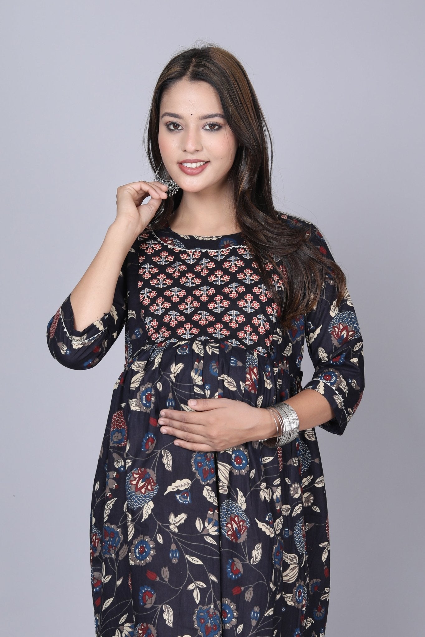 Black ful patti Cotton maternity and feeding kurti - Nevisha Style