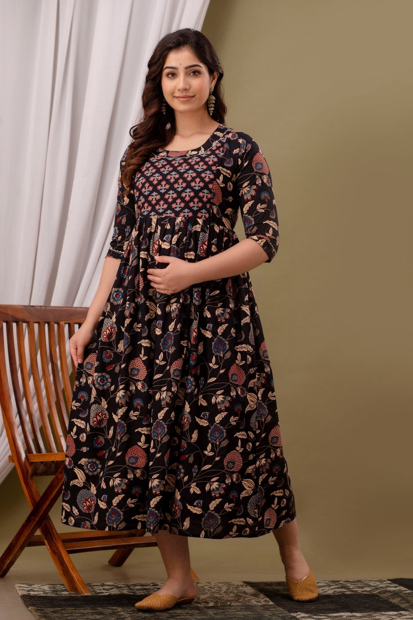 Black multi Cotton maternity and feeding kurti - Nevisha Style