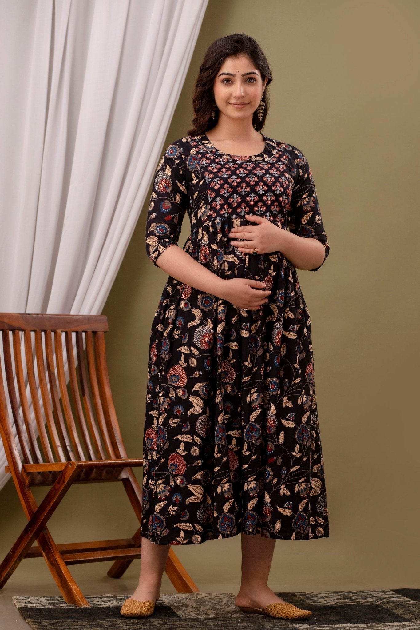 Black multi Cotton maternity and feeding kurti - Nevisha Style