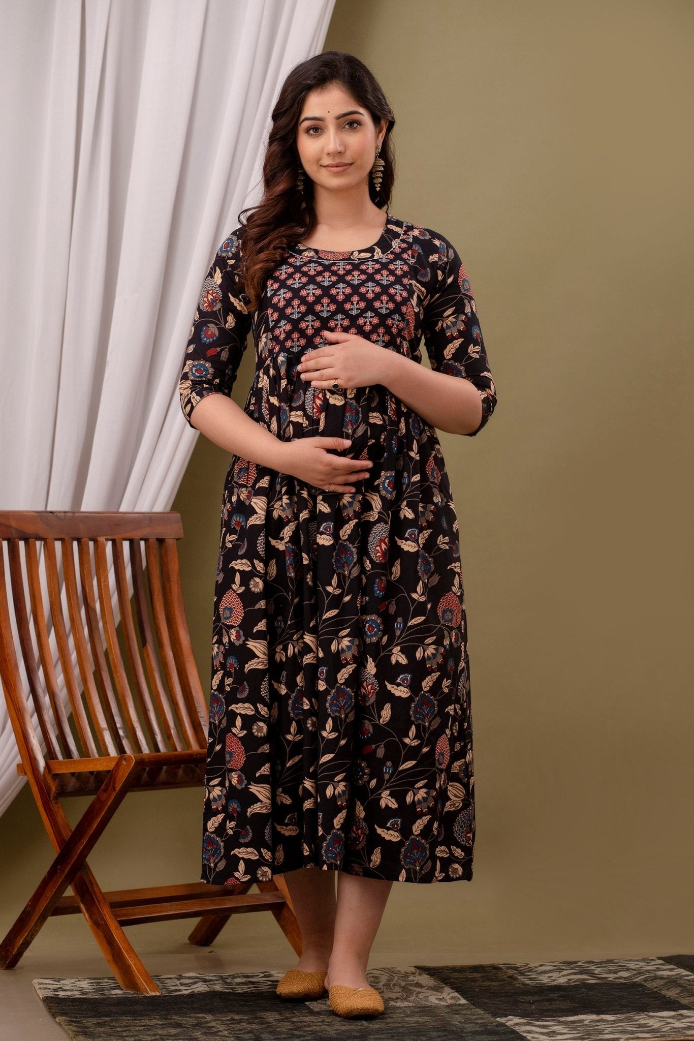 Black multi Cotton maternity and feeding kurti - Nevisha Style
