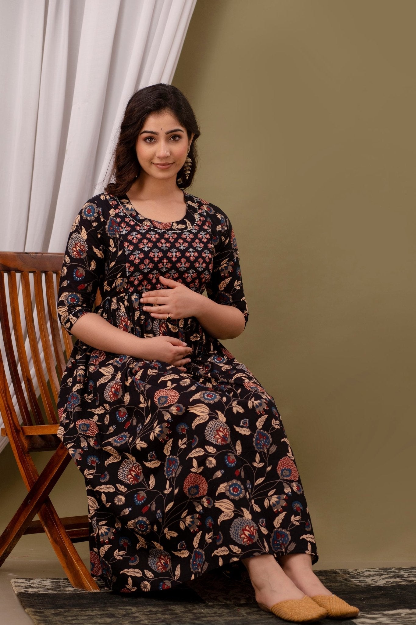 Black multi Cotton maternity and feeding kurti - Nevisha Style