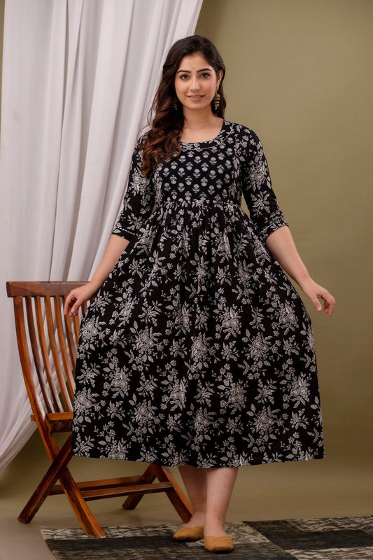 Black Printed Cotton maternity and feeding kurti - Nevisha Style