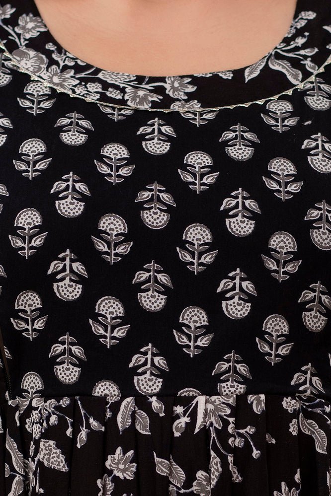 Black Printed Cotton maternity and feeding kurti - Nevisha Style