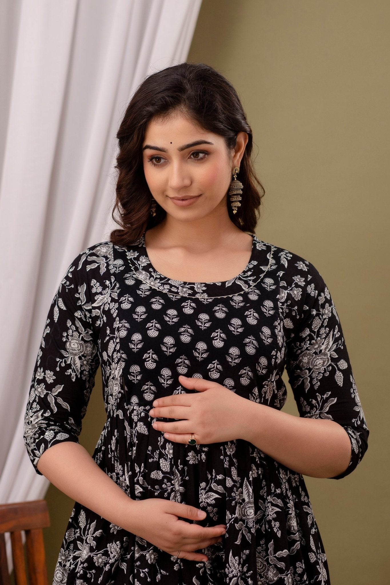 Black Printed Cotton maternity and feeding kurti - Nevisha Style