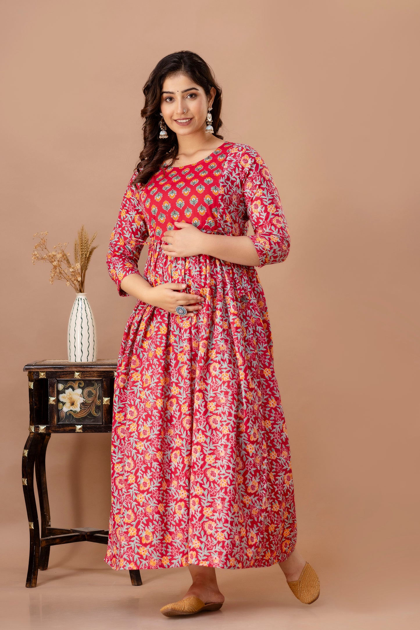 Red floral Cotton maternity and feeding kurti