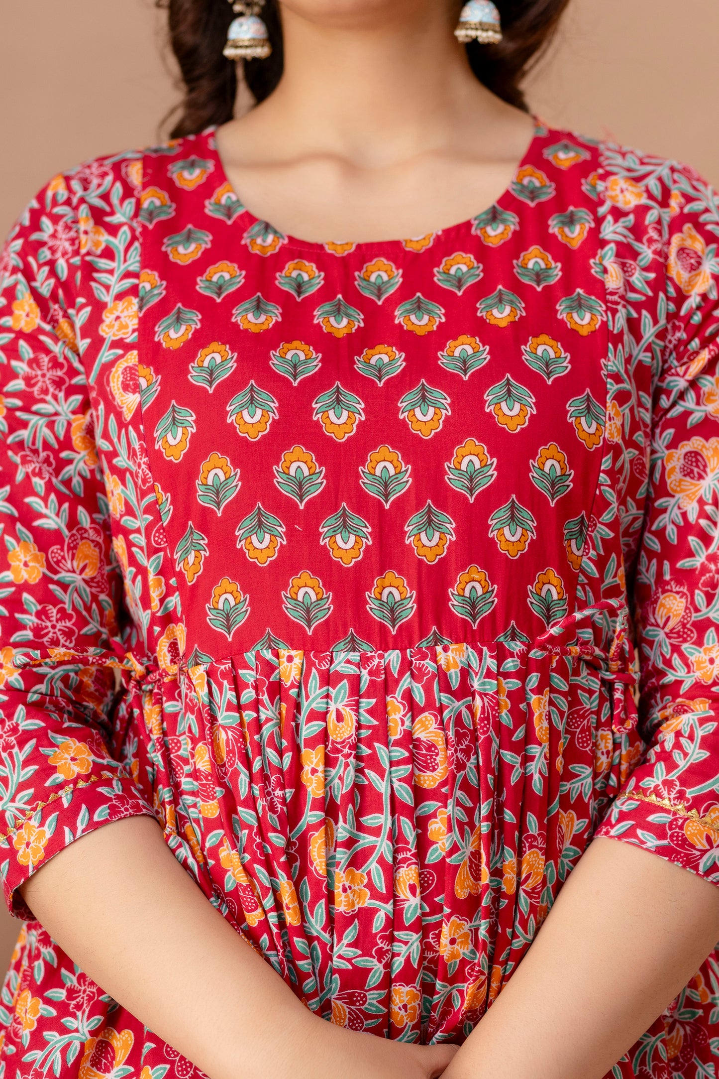 Red floral Cotton maternity and feeding kurti