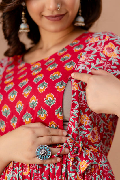 Red floral Cotton maternity and feeding kurti