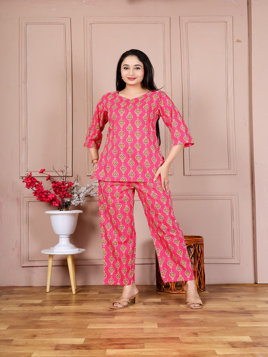 Pink paan blosom  cotton cord set