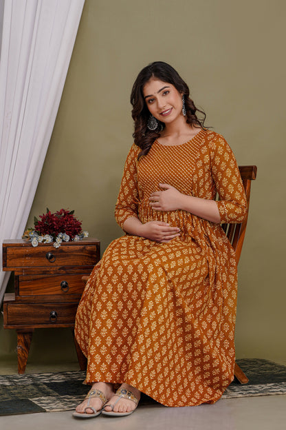 Brown crunh cotton maternity and feeding kurti