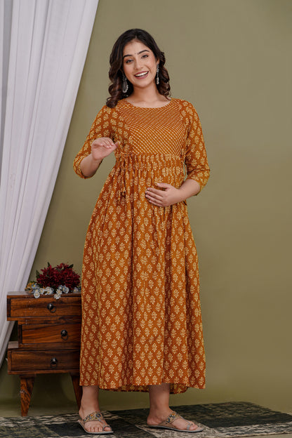 Brown crunh cotton maternity and feeding kurti