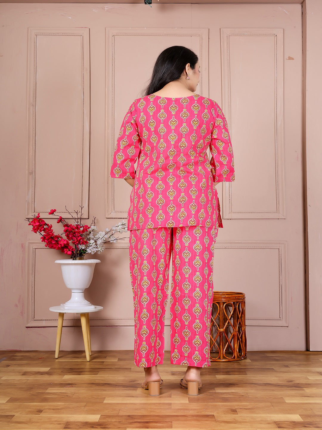 Pink paan blosom  cotton cord set