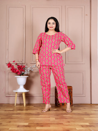 Pink paan blosom  cotton cord set