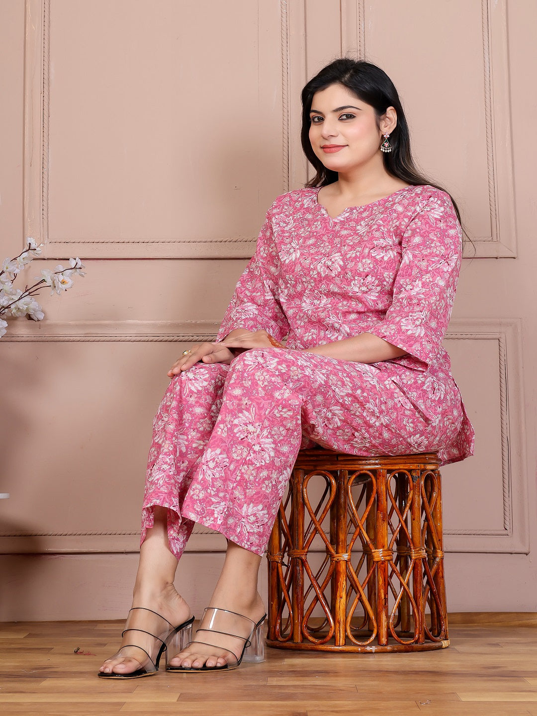 Pink flower cotton cord set