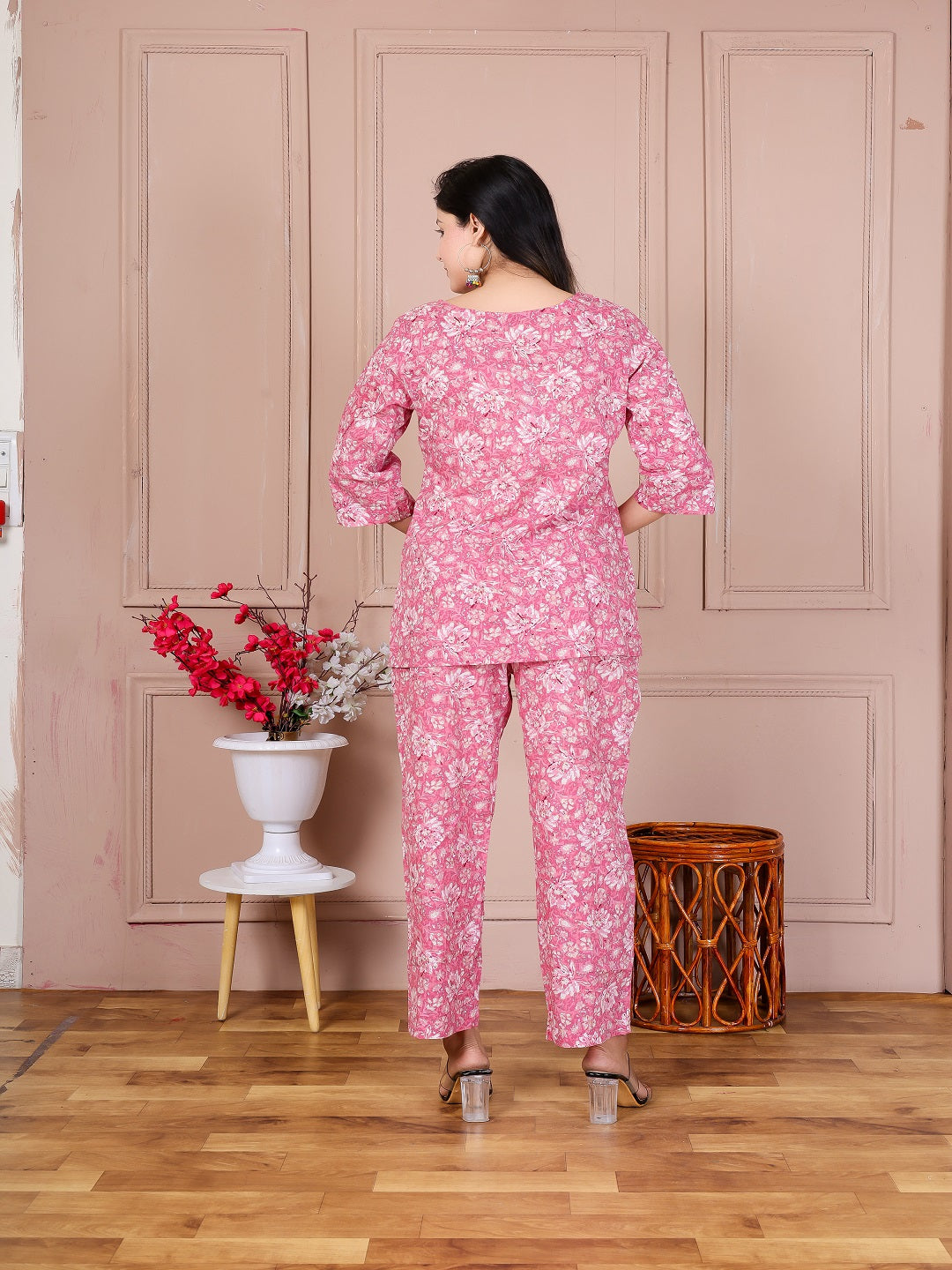 Pink flower cotton cord set