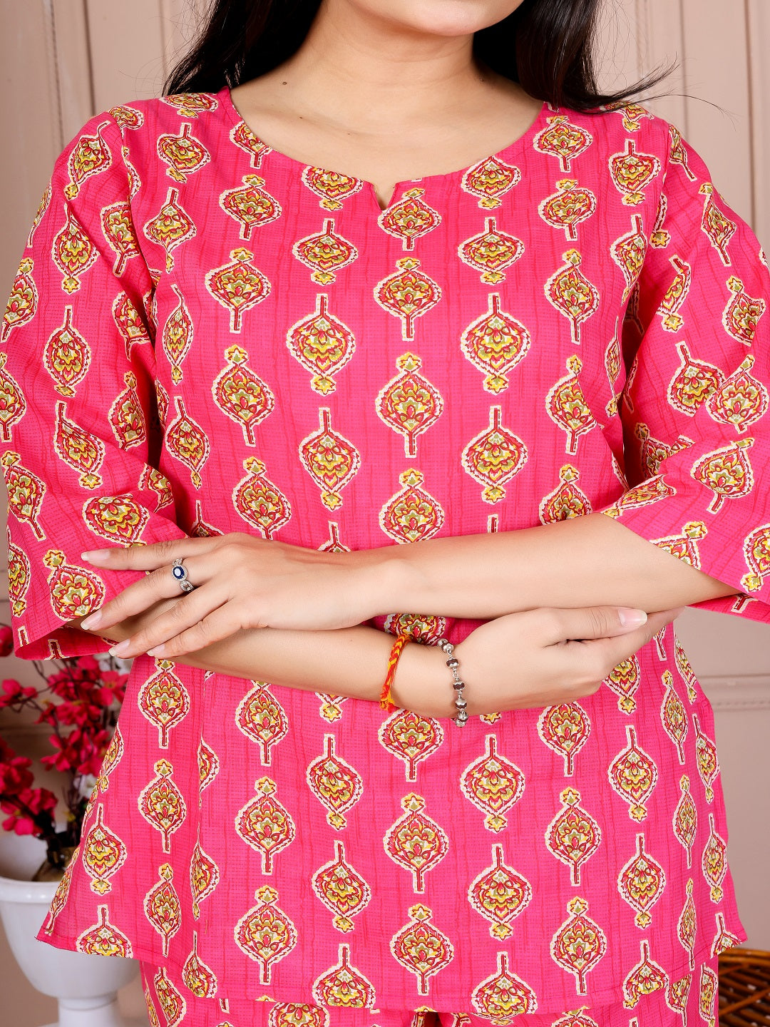 Pink paan blosom  cotton cord set