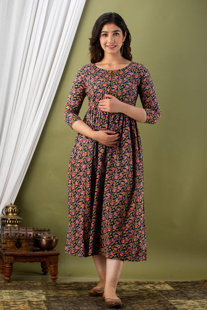 Blue pink flower ful Cotton printed maternity and feeding kurti