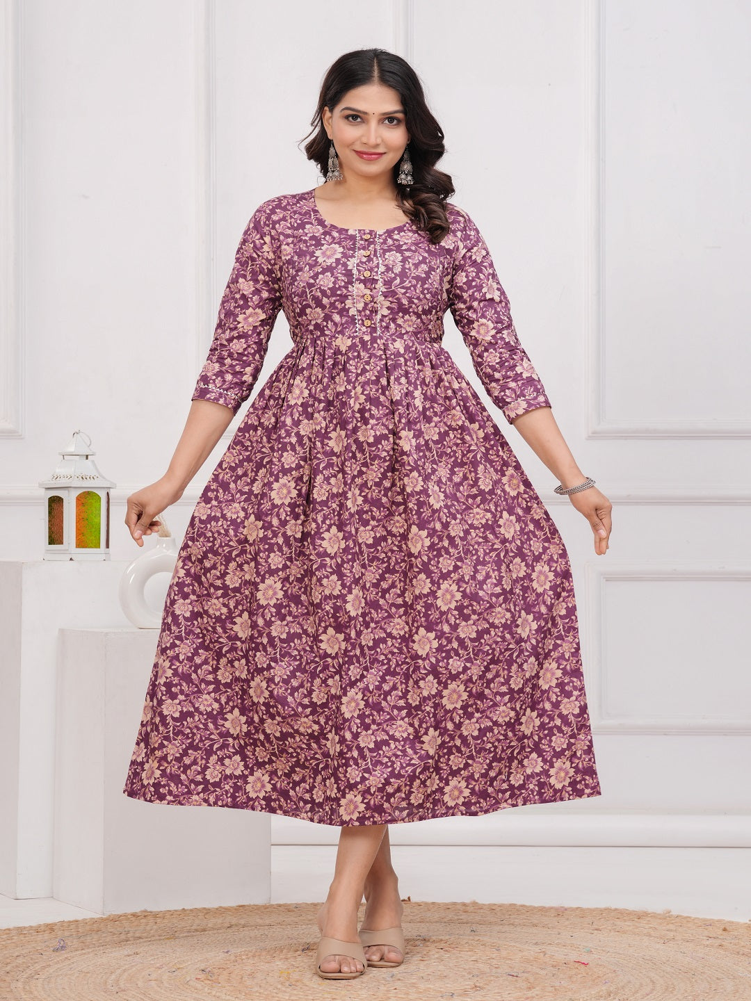Purple flower cotton  maternity and feeding kurti