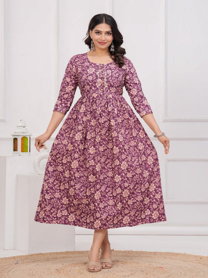 Purple flower cotton  maternity and feeding kurti
