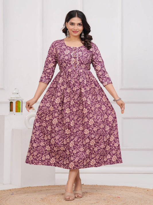 Purple flower cotton  maternity and feeding kurti