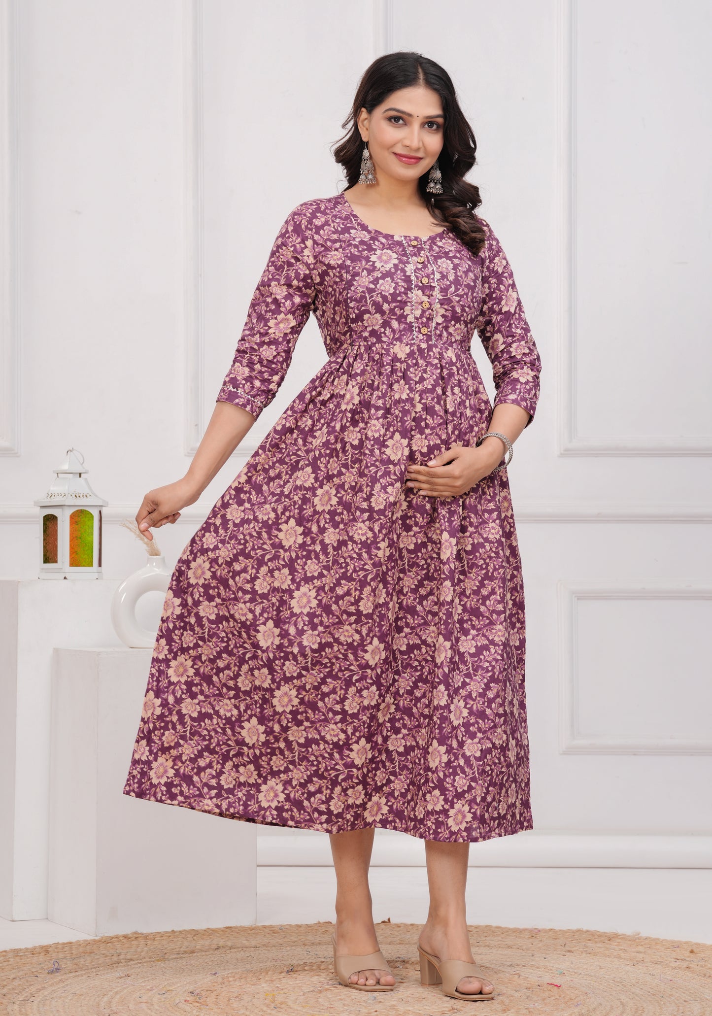 Purple flower cotton  maternity and feeding kurti