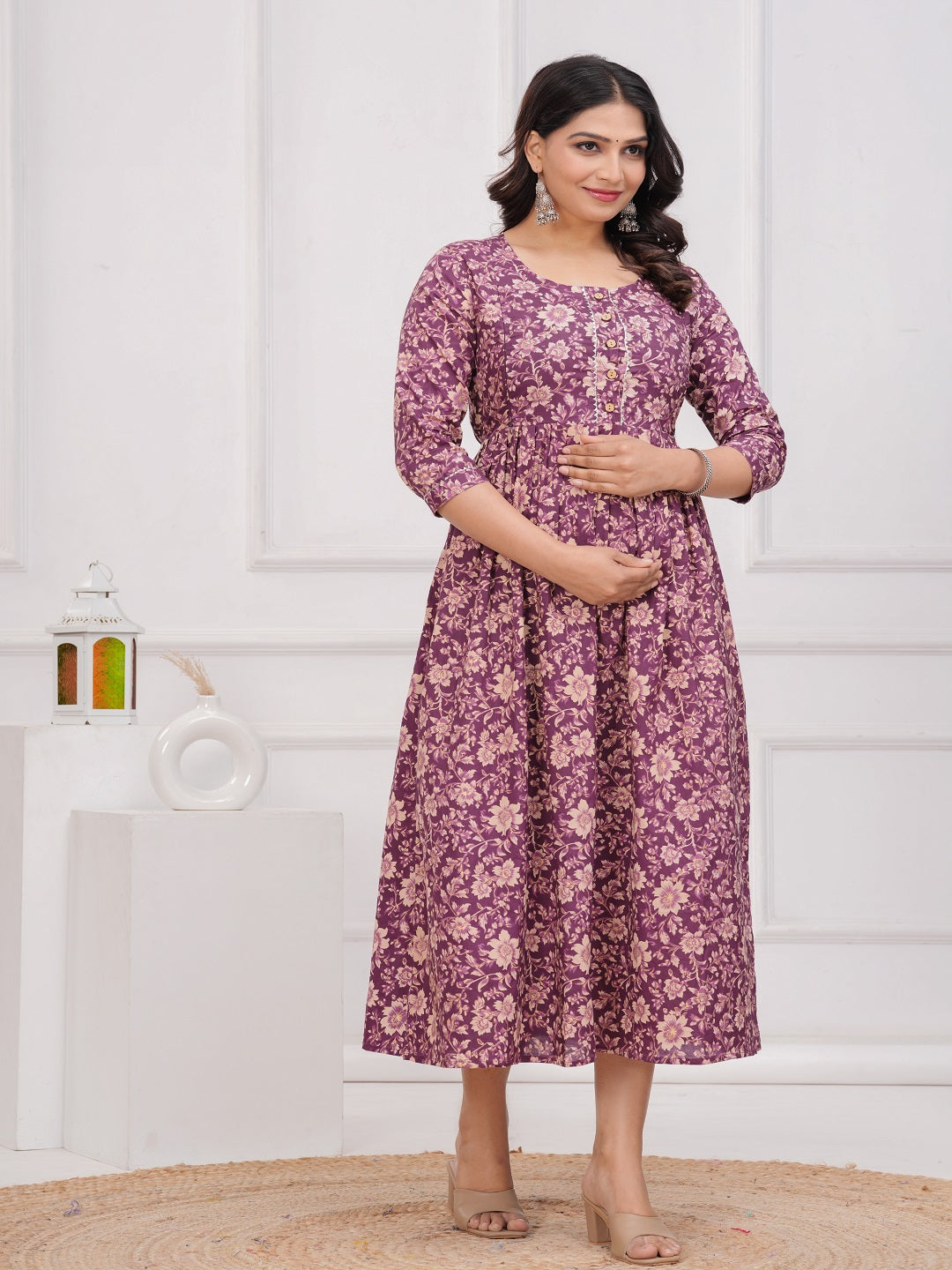 Purple flower cotton  maternity and feeding kurti