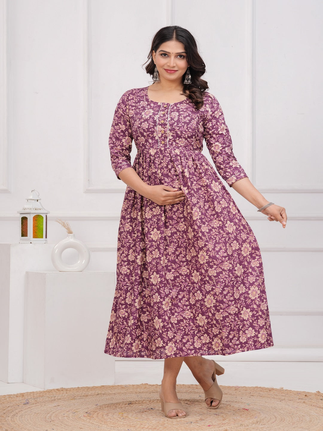 Purple flower cotton  maternity and feeding kurti