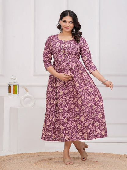 Purple flower cotton  maternity and feeding kurti