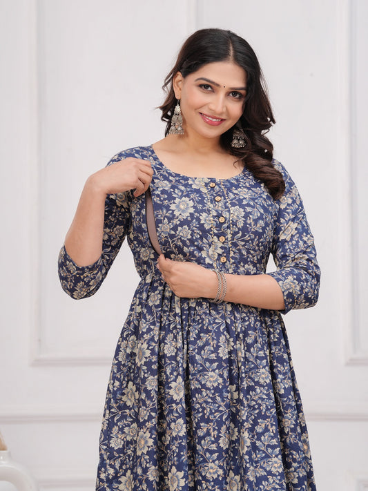Blue fool cotton  maternity and feeding kurti