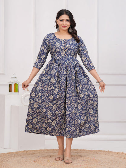 Blue fool cotton  maternity and feeding kurti